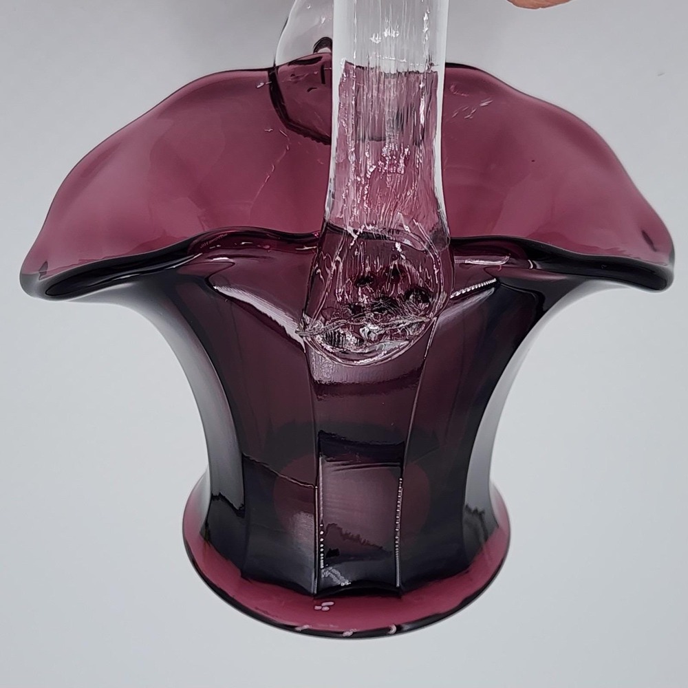 Mosser Amethyst Purple Glass Mini Basket Clear Handle Embossed M 7.5in Repaired - Picture 10 of 12